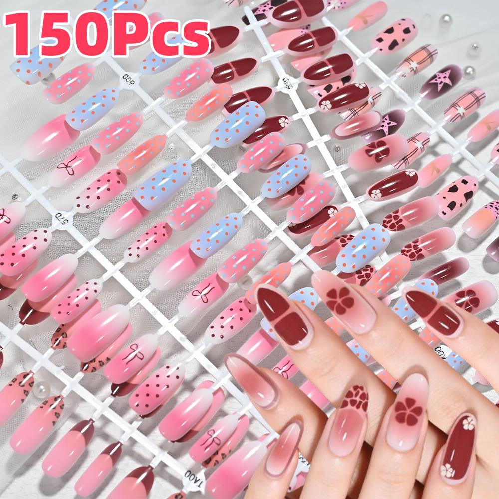 Nail Art Press On - 150개 핑크 블루 옴브레 레오파드 물방울