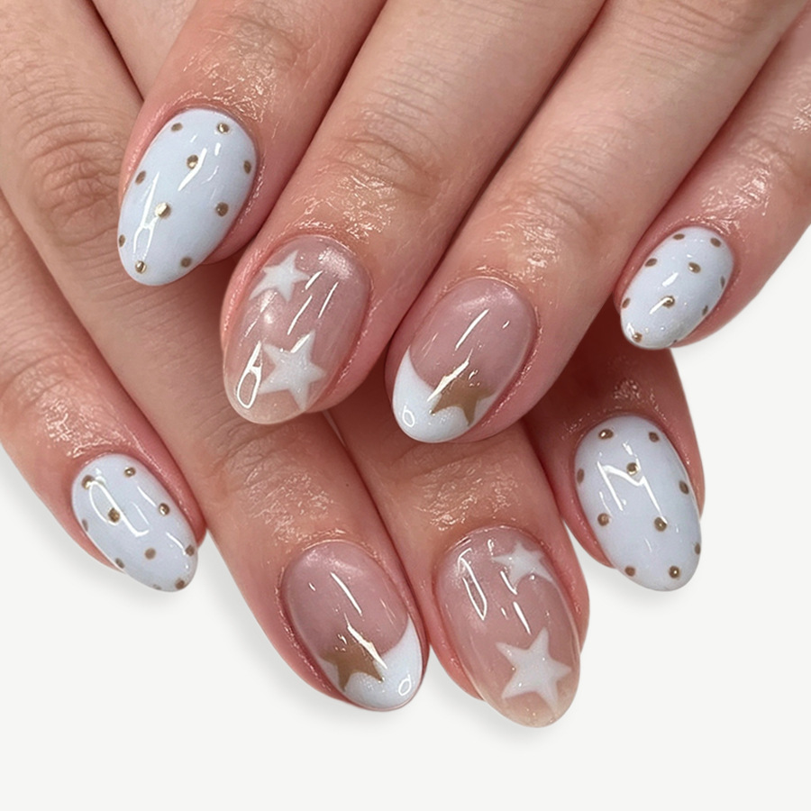 Nail Art Press On - 24개입 펜타그램 프렌치 디자인 짧은 타원형