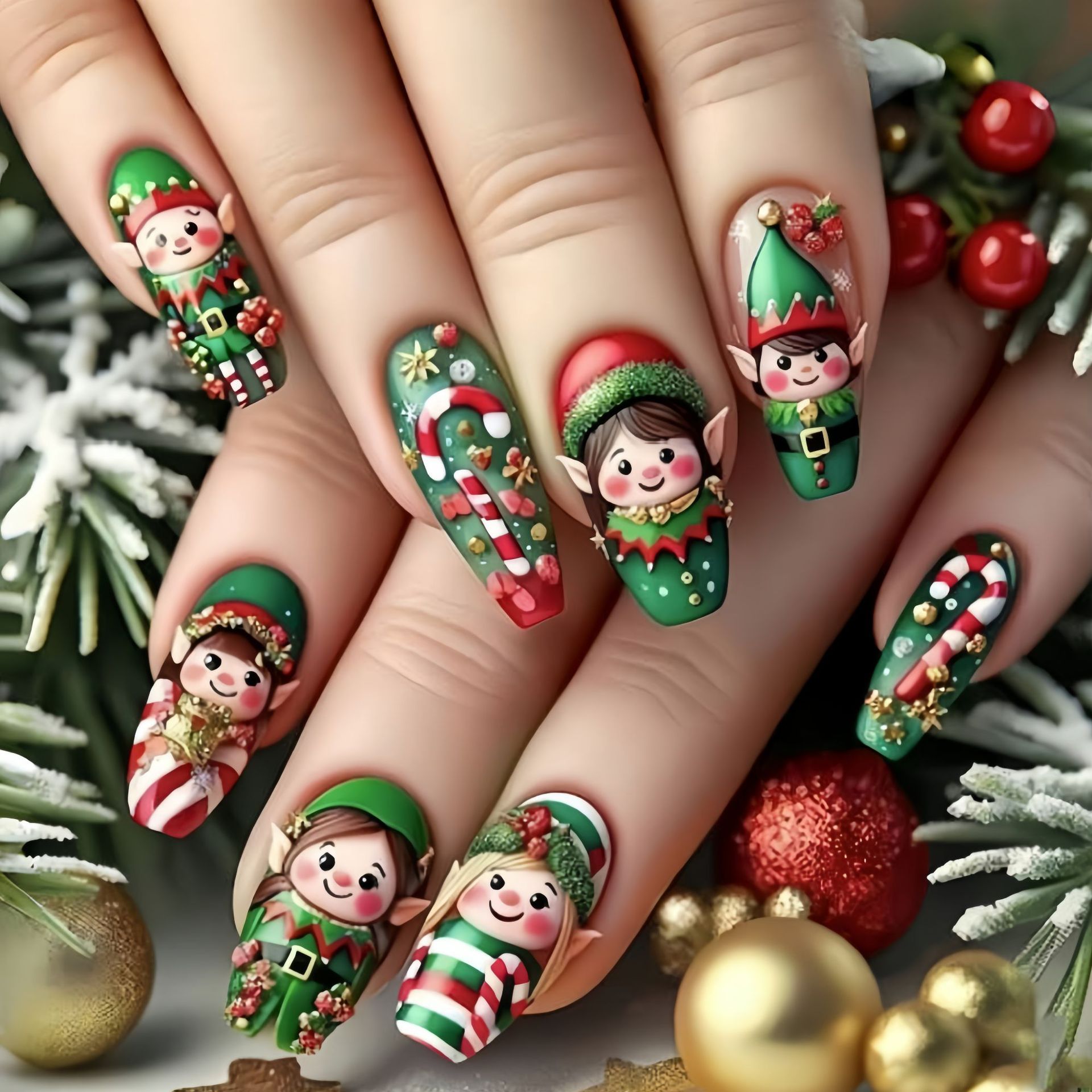 Nail Art Press On - 크리스마스 파티용 중간 길이의 눈송이, 크리스마스