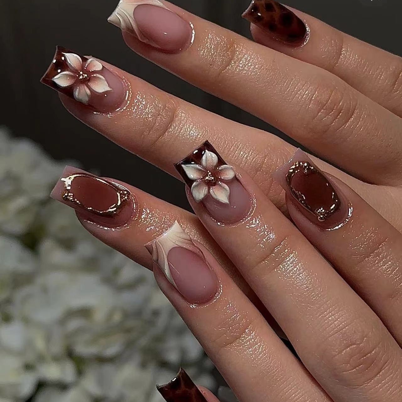 Nail Art Press On - 여성용 짧은 사각형 가짜 손톱, 갈색