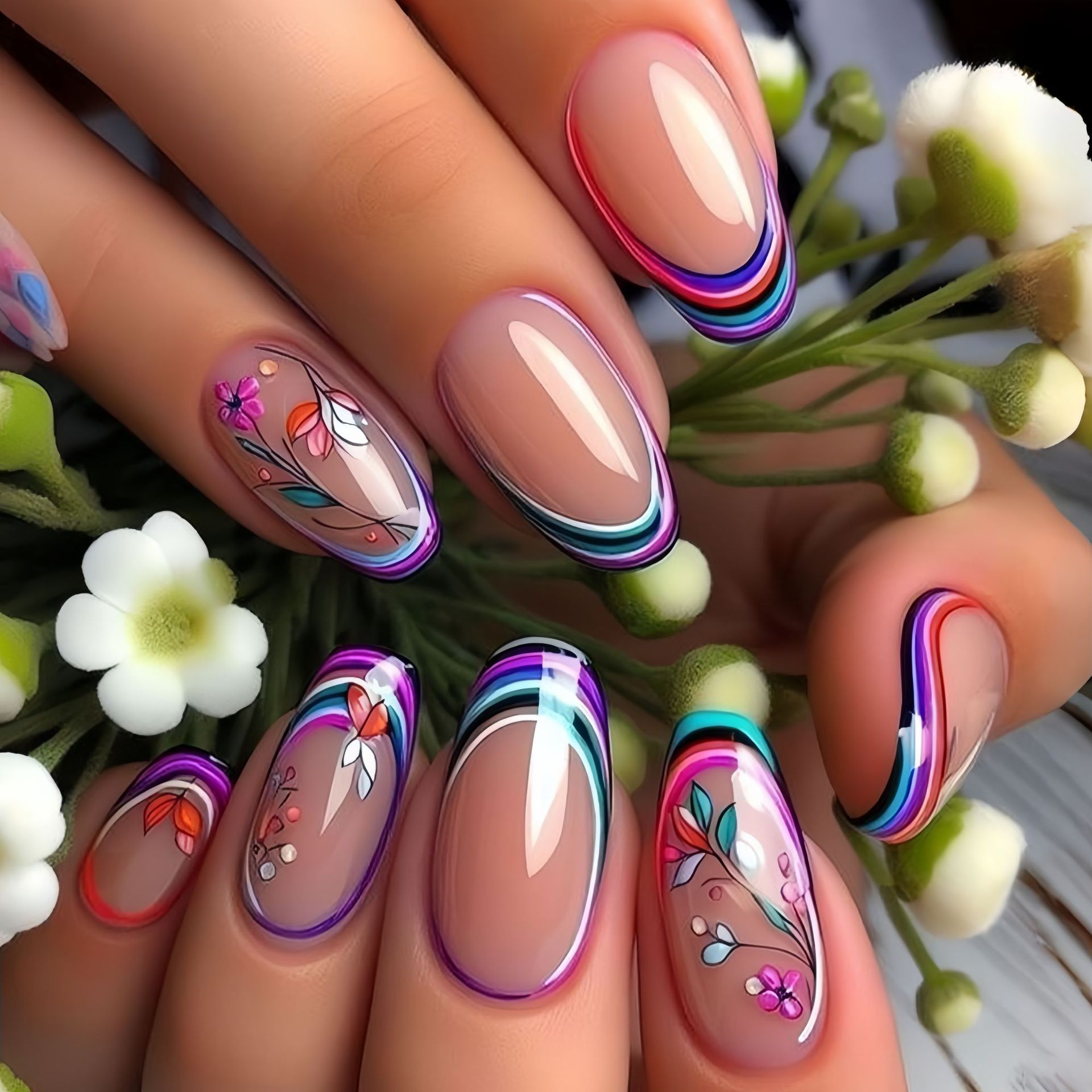 여성 소녀용 미디엄 가짜 손톱 봄 여름 꽃무늬 파란색  - Nail Art Press On 리뷰 및 가격