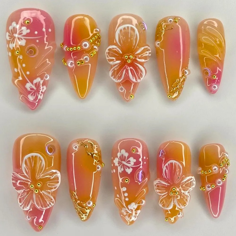 24개 핑크 그라데이션 아몬드 모양 가짜 손톱, 진주  - Nail Art Press On 리뷰 및 가격
