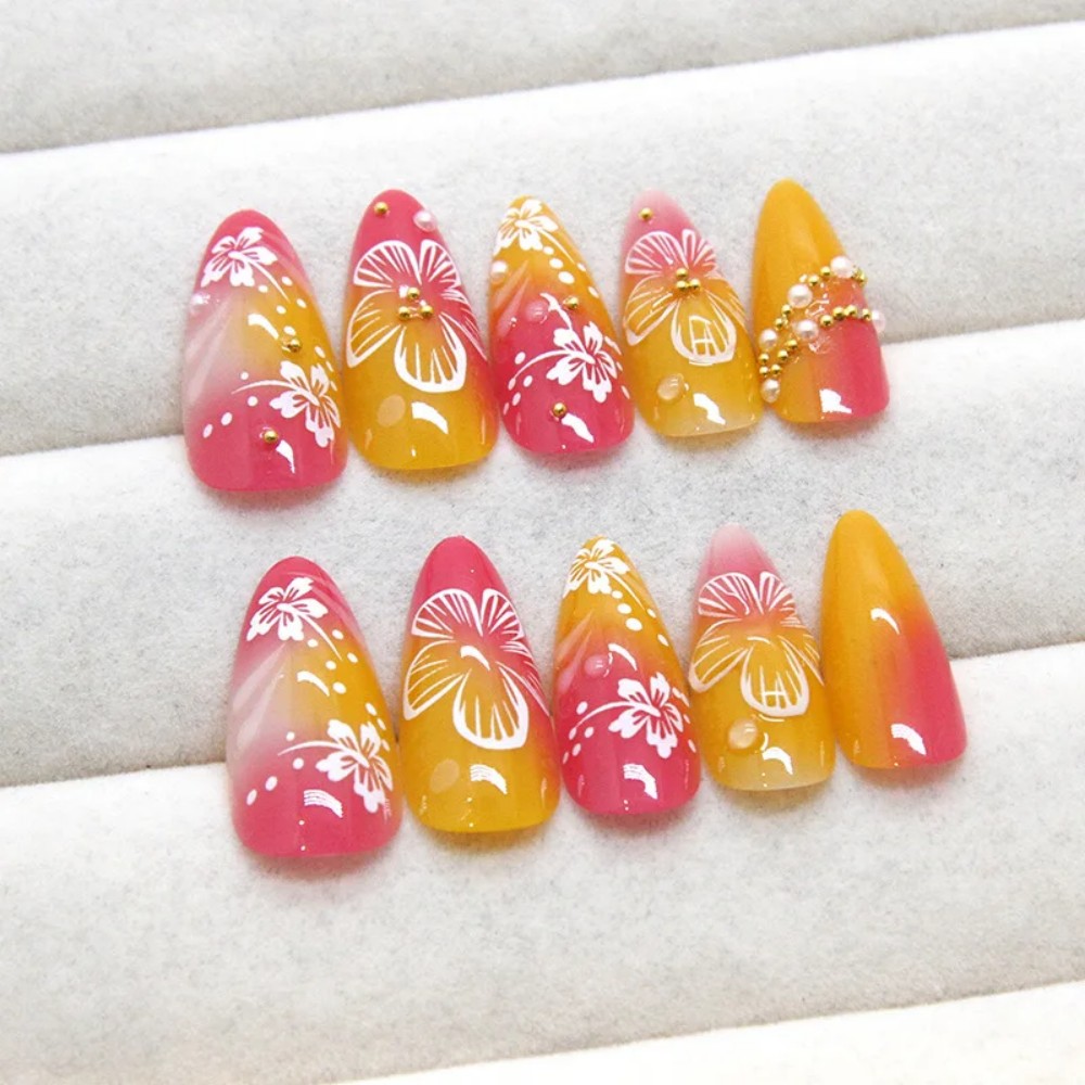 24개 핑크 그라데이션 아몬드 모양 가짜 손톱, 진주  - Nail Art Press On 리뷰 및 가격
