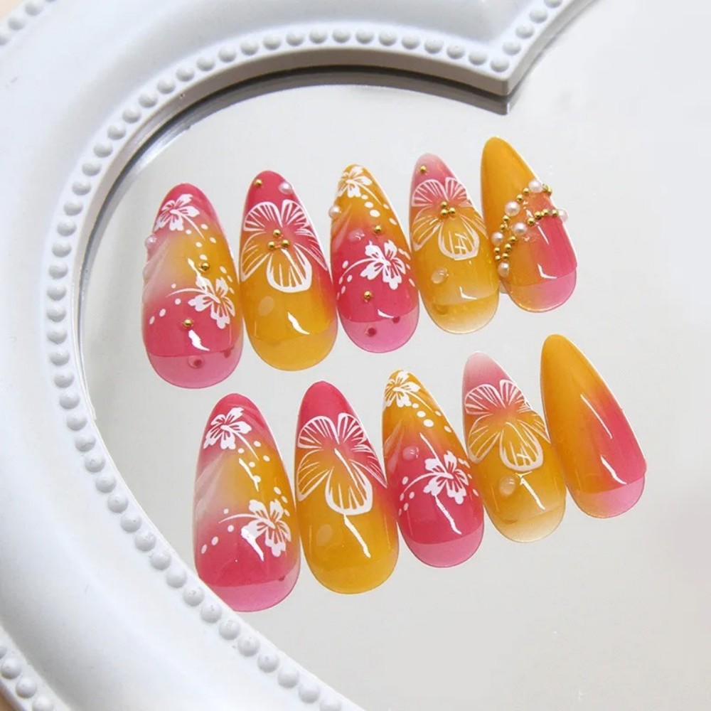 24개 핑크 그라데이션 아몬드 모양 가짜 손톱, 진주  - Nail Art Press On 리뷰 및 가격