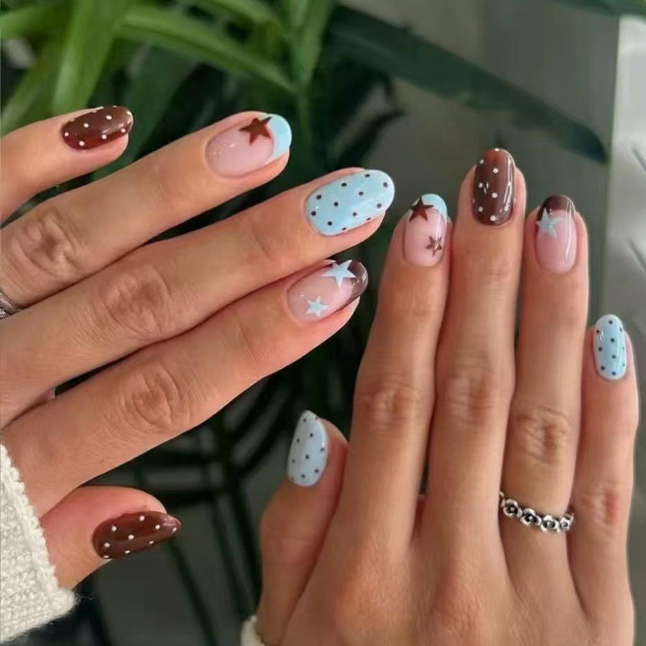 24개입 펜타그램 프렌치 디자인 짧은 타원형 네일 팁, - Nail Art Press On 리뷰 및 가격