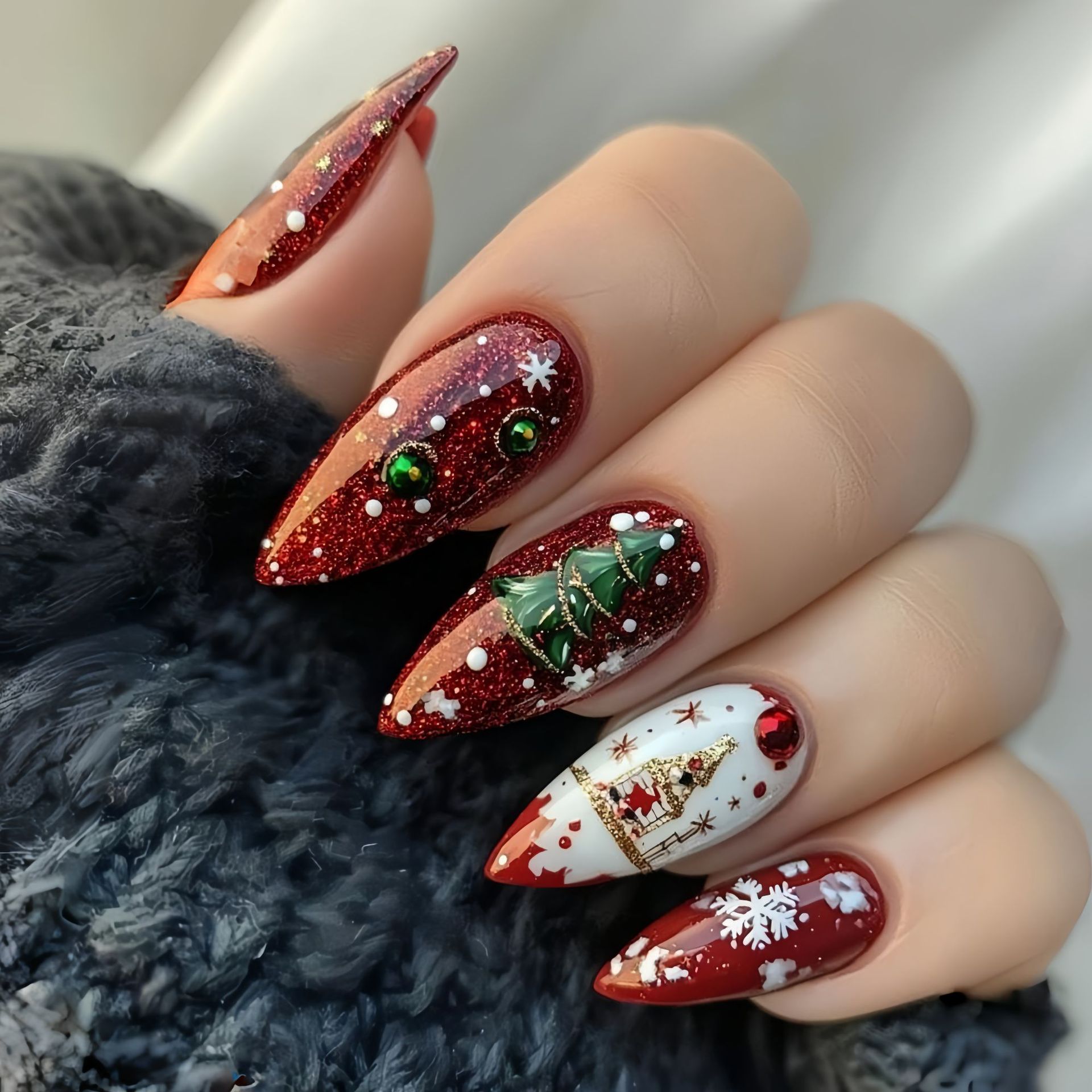 크리스마스 파티용 중간 길이의 눈송이, 크리스마스 트리 - Nail Art Press On 리뷰 및 가격