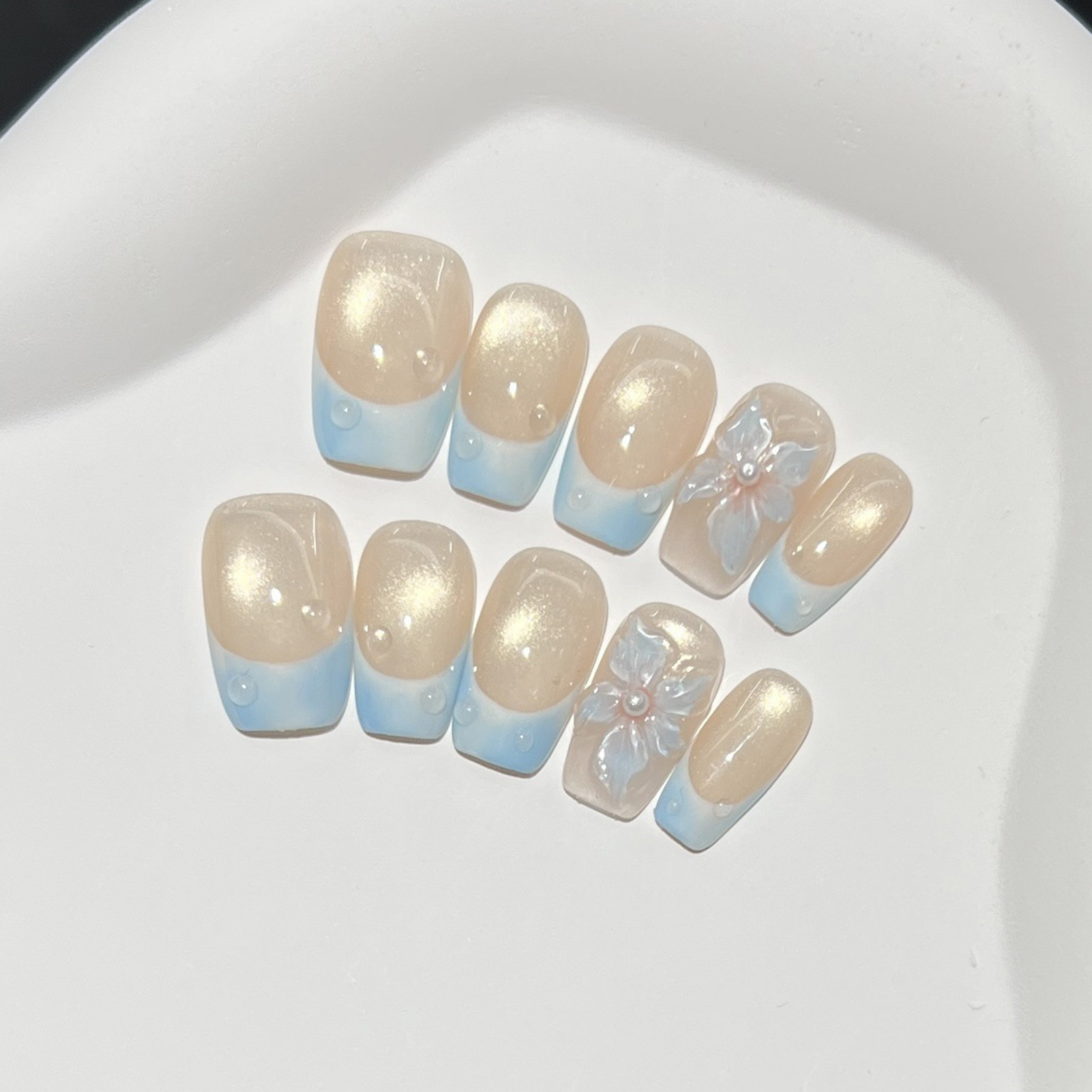 10개 프렌치 블루 광택 플로럴 프레스온 네일 짧은 스 - Nail Art Glossy 리뷰 및 가격