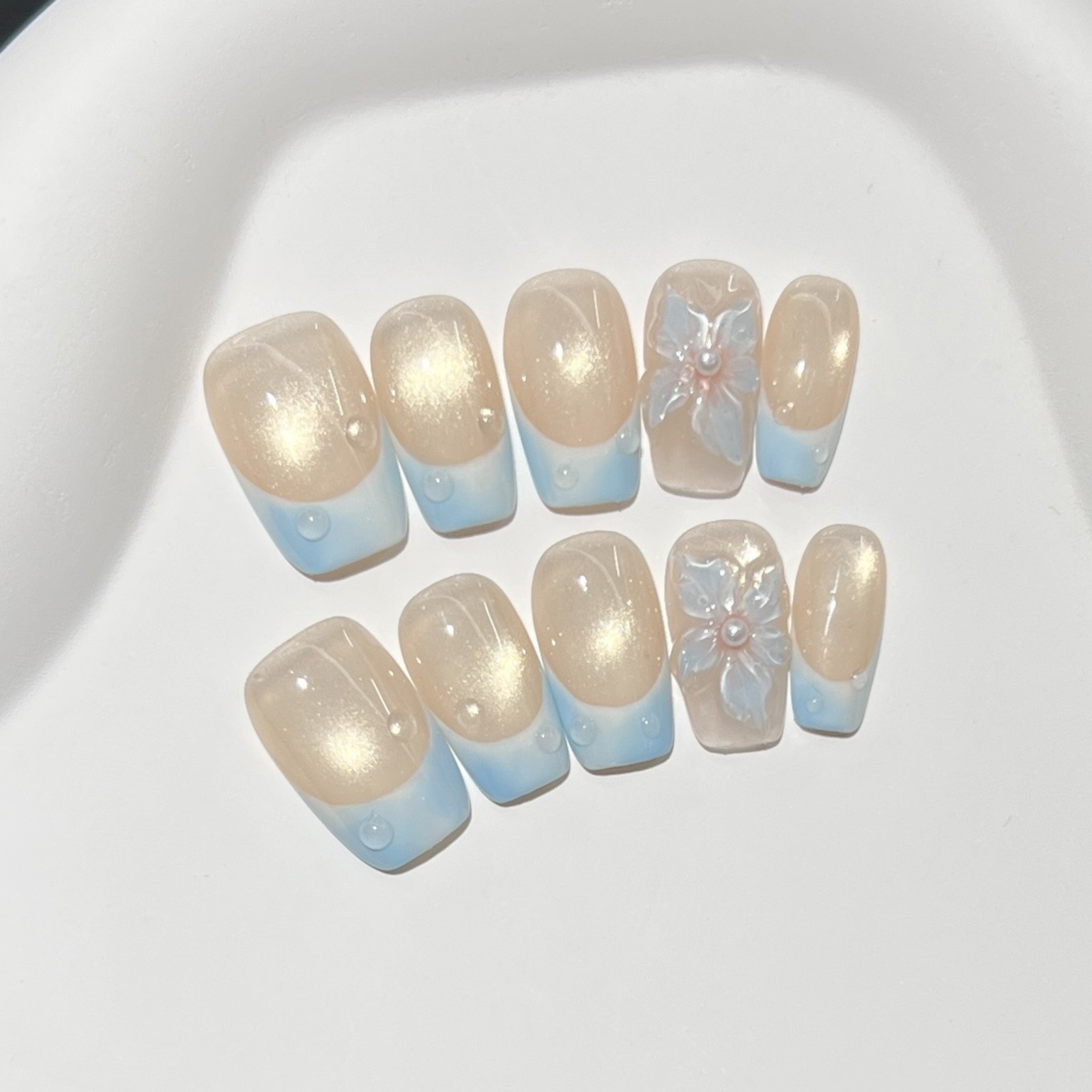10개 프렌치 블루 광택 플로럴 프레스온 네일 짧은 스 - Nail Art Glossy 리뷰 및 가격