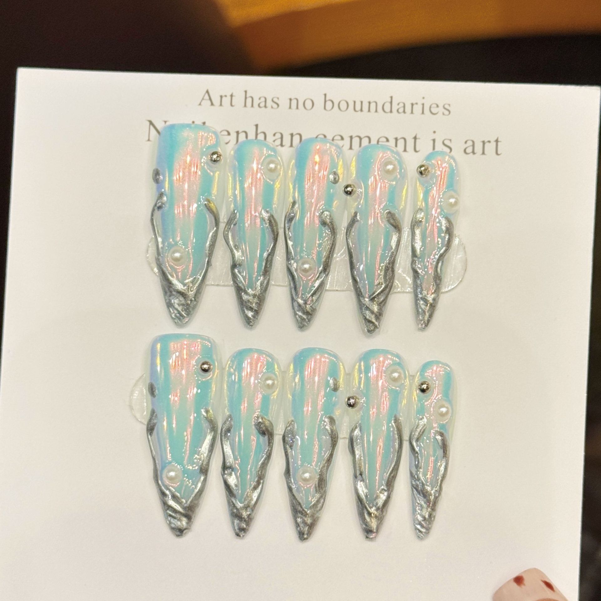 10개 실버 오로라 롱 스틸레토 가짜 손톱 메탈 엣지  - Nail Art Press On 리뷰 및 가격