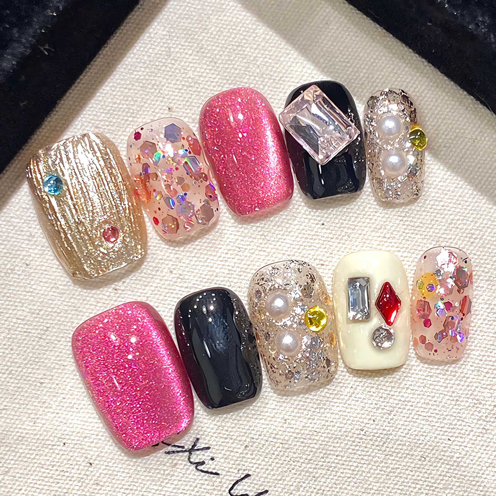 수제 프레스 네일 글리터 핑크 스팽글 고양이 눈 광택  - Nail Art Press On 리뷰 및 가격