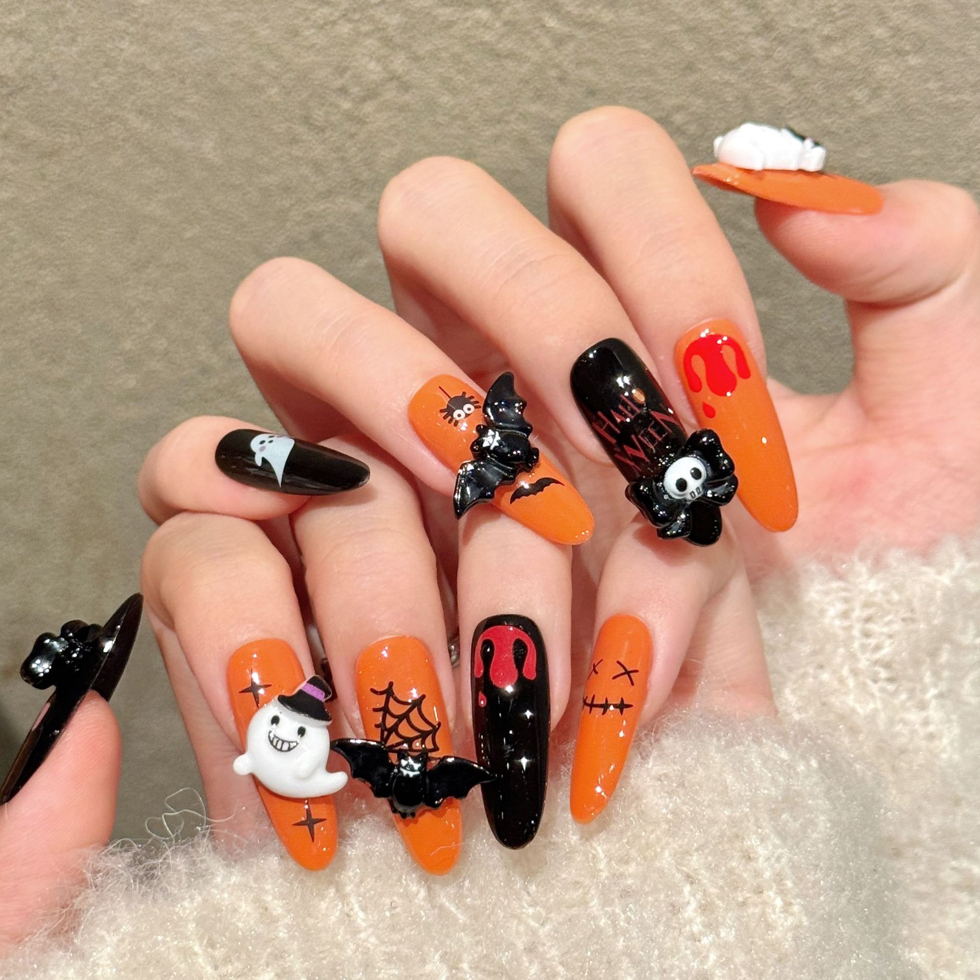 10개입 긴 타원형 프레스온 네일, 할로윈 테마의 가짜 - Nail Art Press On 리뷰 및 가격