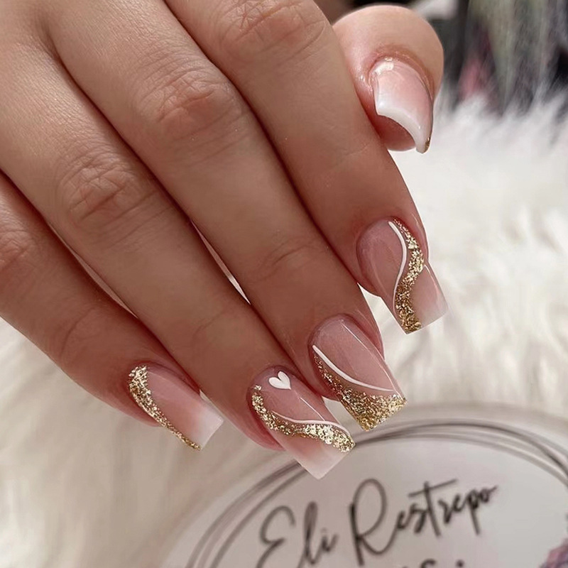 여성용 짧은 중간 길이의 프렌치 스퀘어 네일 팁, 금색 - Nail Art Press On 리뷰 및 가격