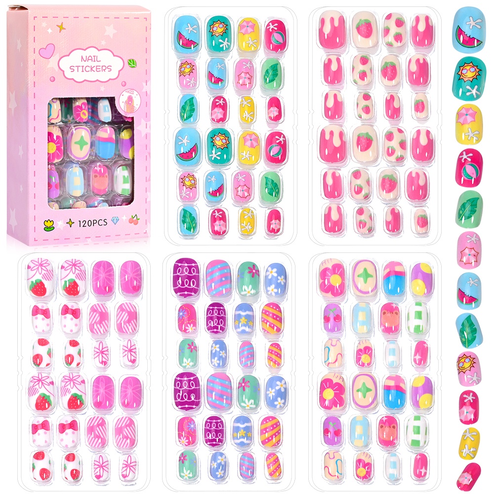120 조각 5 세트 캔디 키즈 프레스 온 손톱 어린이 - Nail Art Pink 리뷰 및 가격