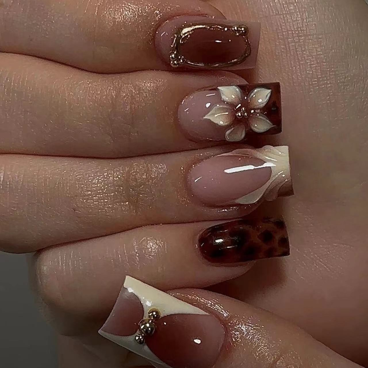 여성용 짧은 사각형 가짜 손톱, 갈색 레오파드 프린트와 - Nail Art Press On 리뷰 및 가격