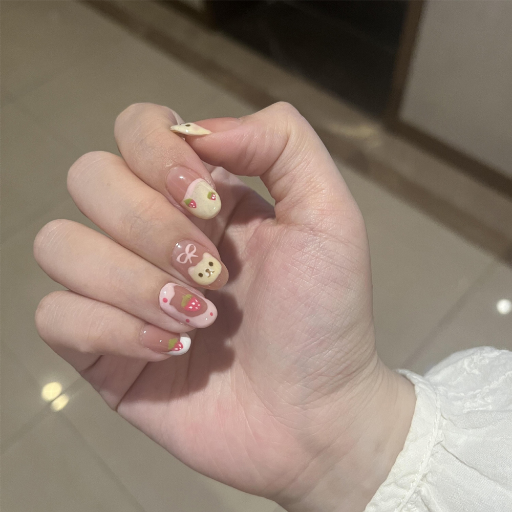 10개입 핑크 딸기 곰 디자인 아몬드 모양 프레스온 네 - Nail Art Press On 리뷰 및 가격